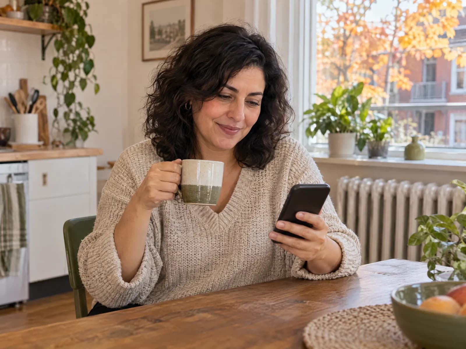 Une femme consulte son téléphone à la table de sa cuisine