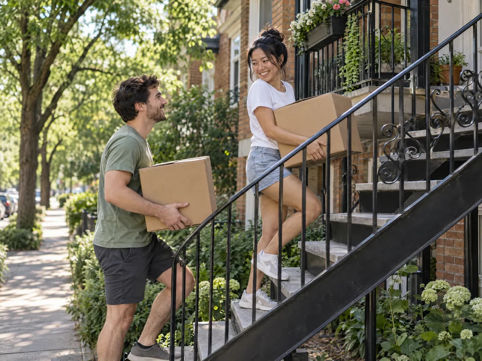 Un couple monte des boîtes dans l’escalier extérieur d’un plex