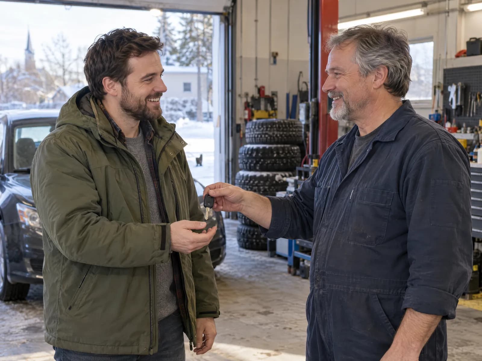 A man picking up his keys at the garage
