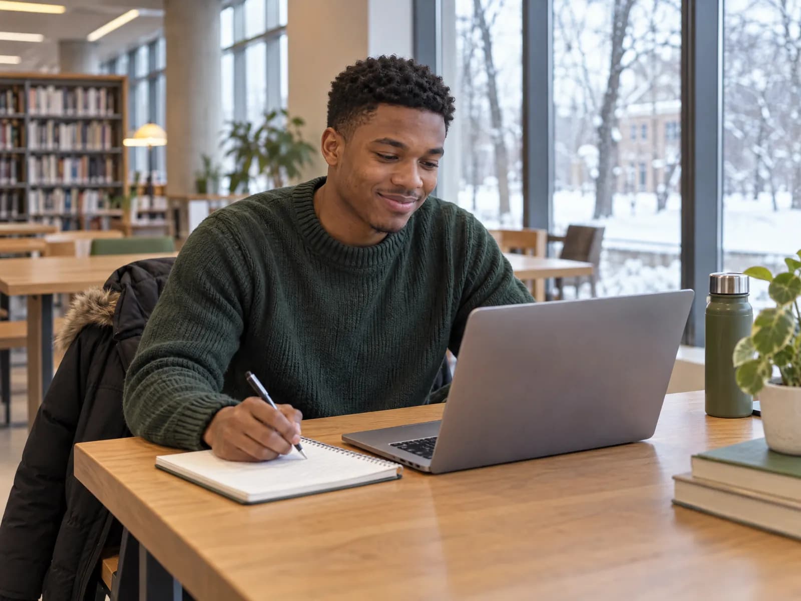 Un étudiant prend des notes devant son ordinateur, à la bibliothèque